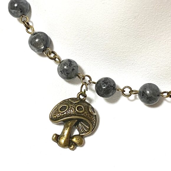 Natural Dark Larvikite Necklace, Bronze Round Mushroom+ Genuine Gemstone Choker - Picture 1 of 14